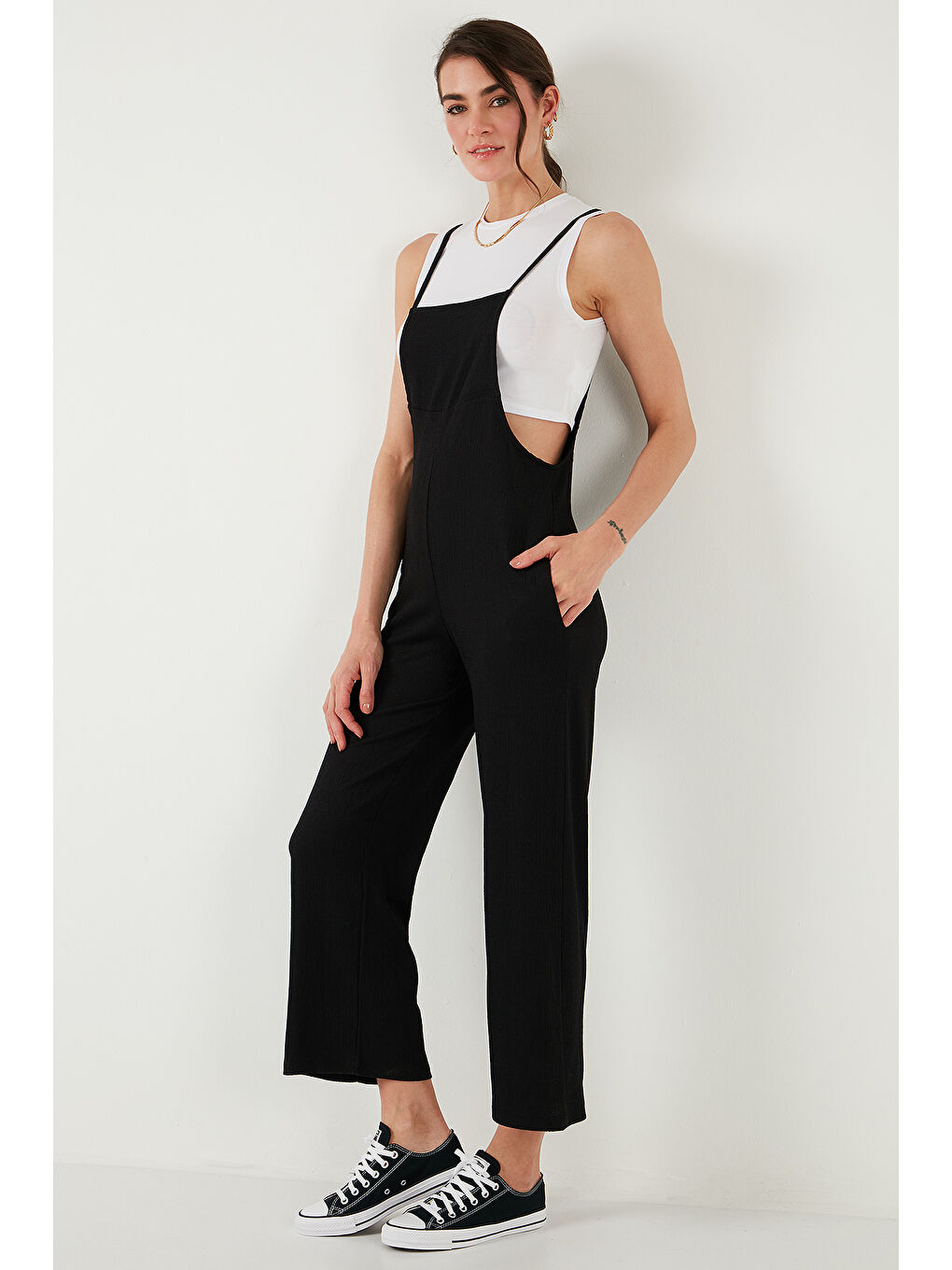 Siyah Regular Fit Ayarlanabilir İp Askılı Bahçıvan Tulum 5865789-2