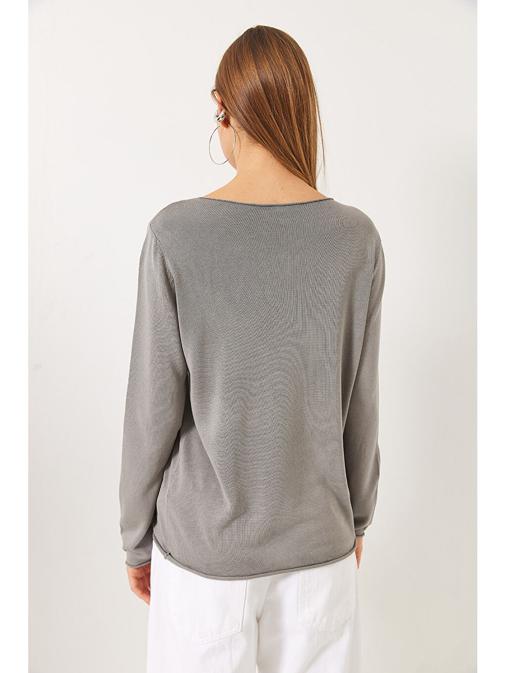 Gri Kadın Kayık Yaka Transparan Basic Bluz TK-6