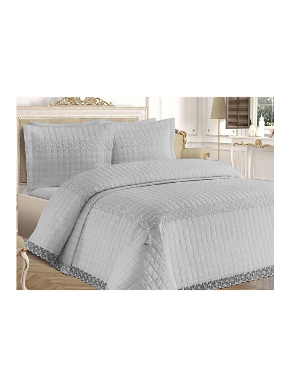 Roza Çift Kişilik Kapitoneli Yatak Örtüsü Gri-5