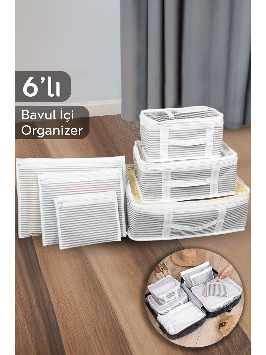 6'lı Bavul İçi Organizer Set Çizgili Seyahat Hurcu Valiz Düzenleyici Çanta Organizeri Gri