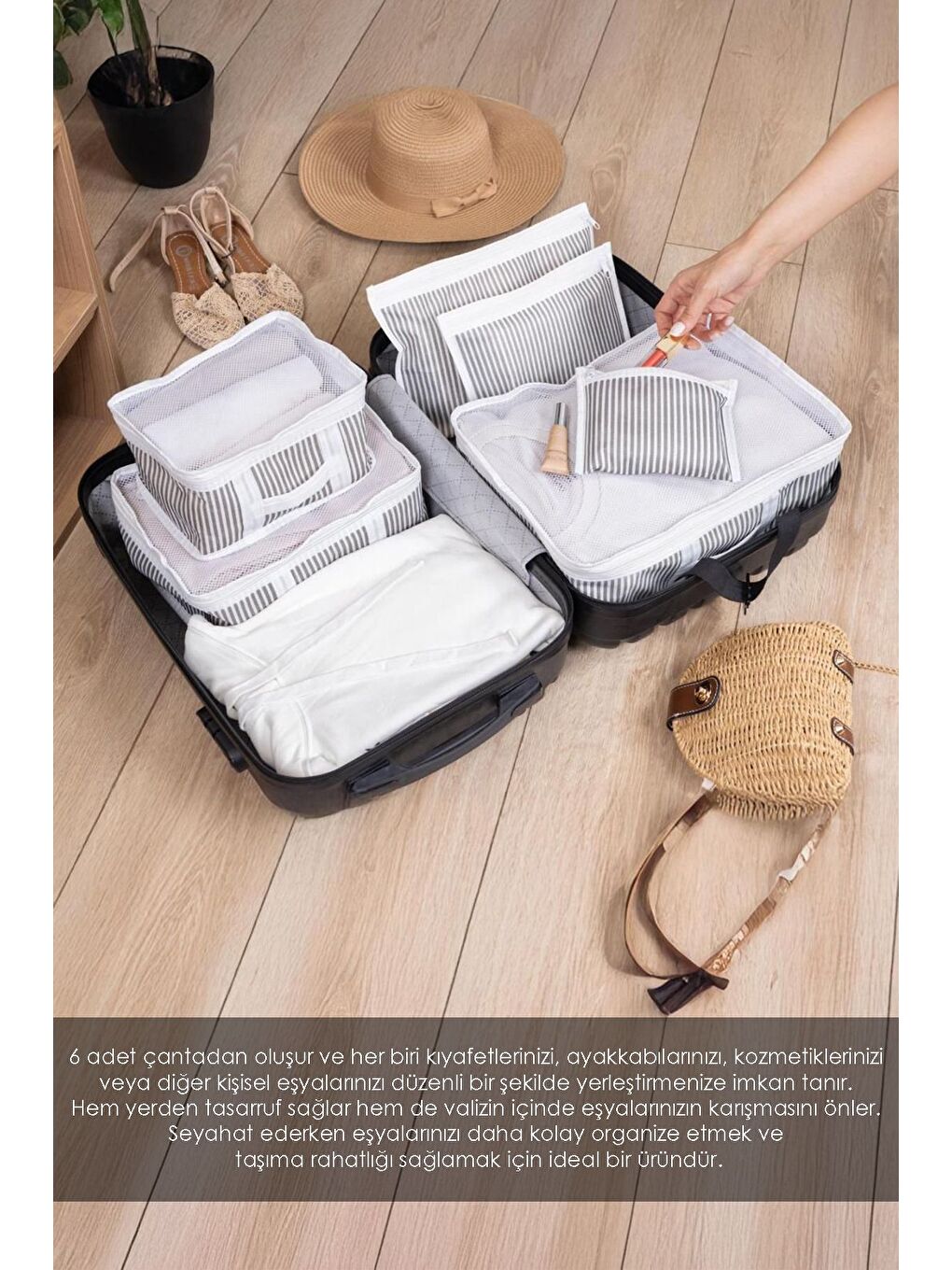 6'lı Bavul İçi Organizer Set Çizgili Seyahat Hurcu Valiz Düzenleyici Çanta Organizeri Gri-1