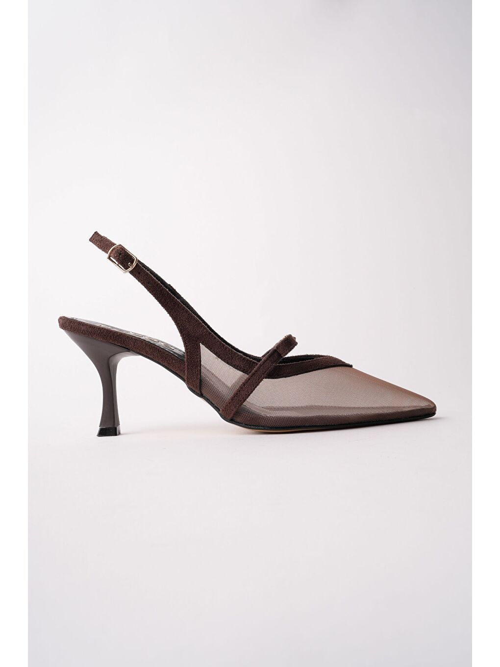 Kahverengi LOVER Fileli Fiyonk Detaylı Sivri Burun Arkası Açık Kadın Topuklu Ayakkabı-1