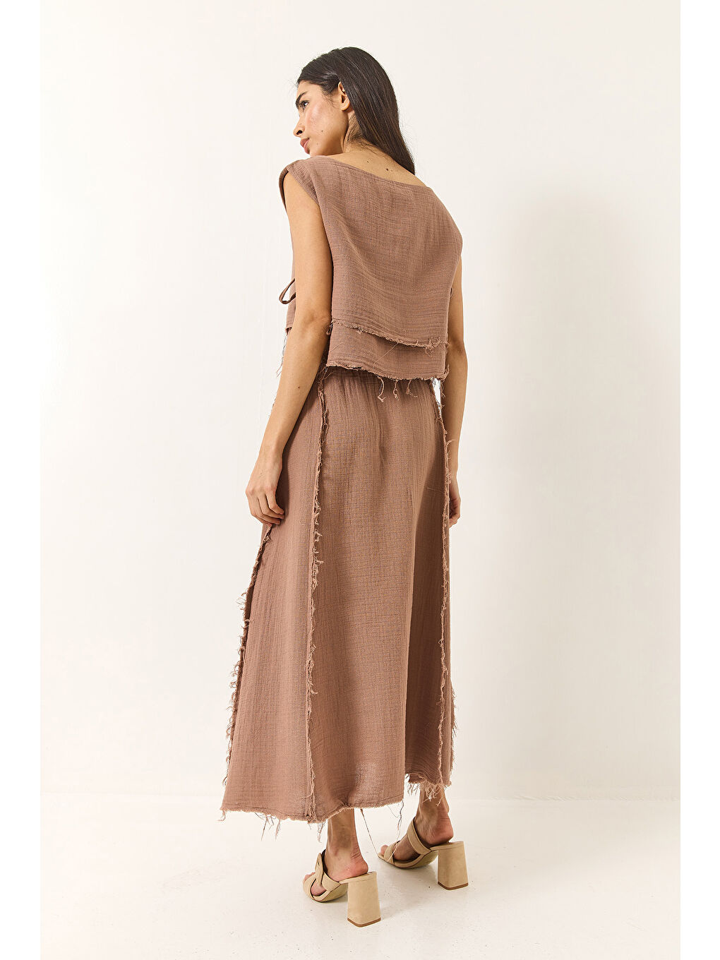 Bej Kadın Beli Lastikli Etek Yandan Bağlama Detaylı Crop Müslin Alt-Üst Takım-6