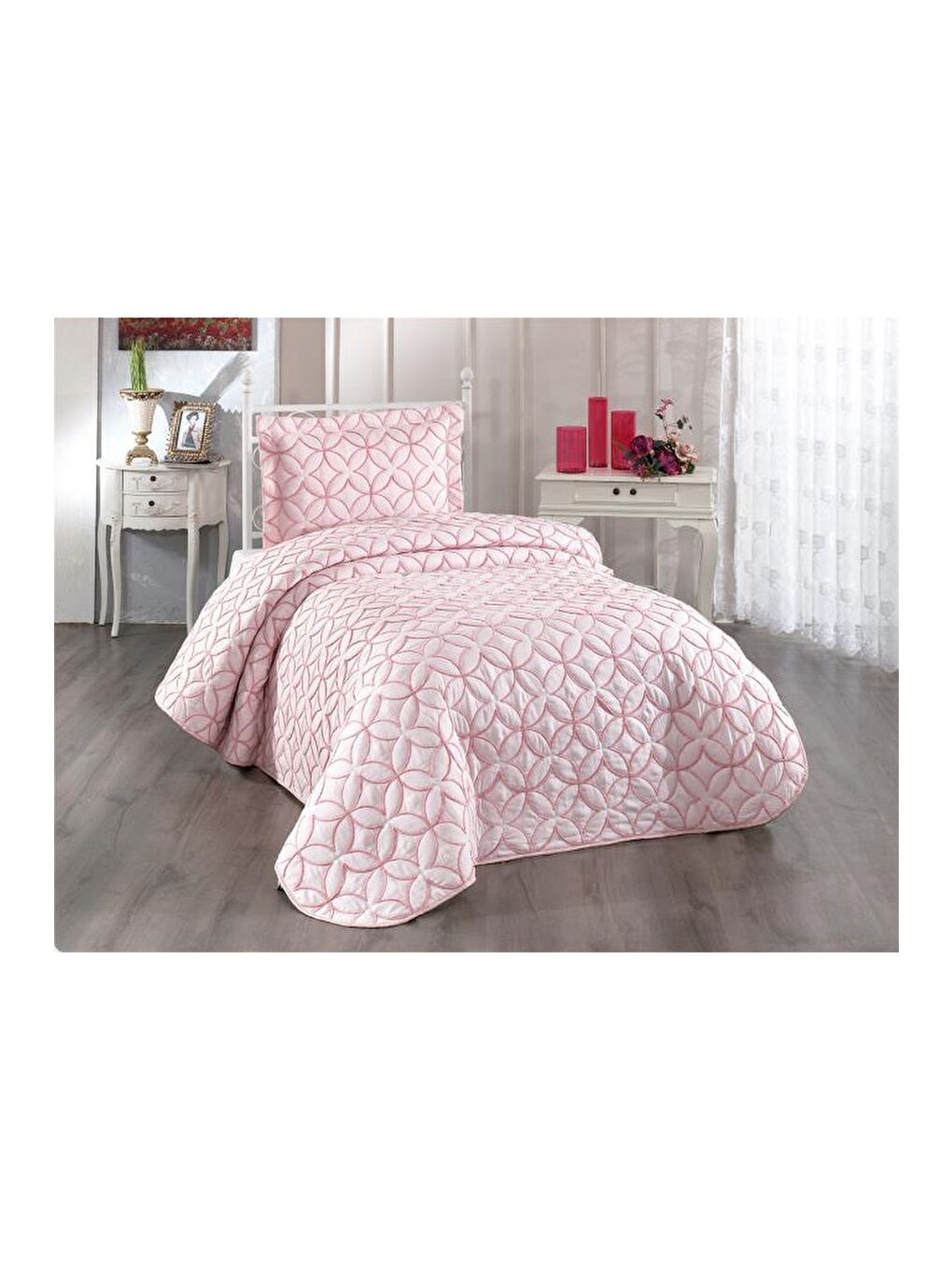 Pembe Parolin Tek Kişilik Kapitoneli Yatak Örtüsü Pudra-1