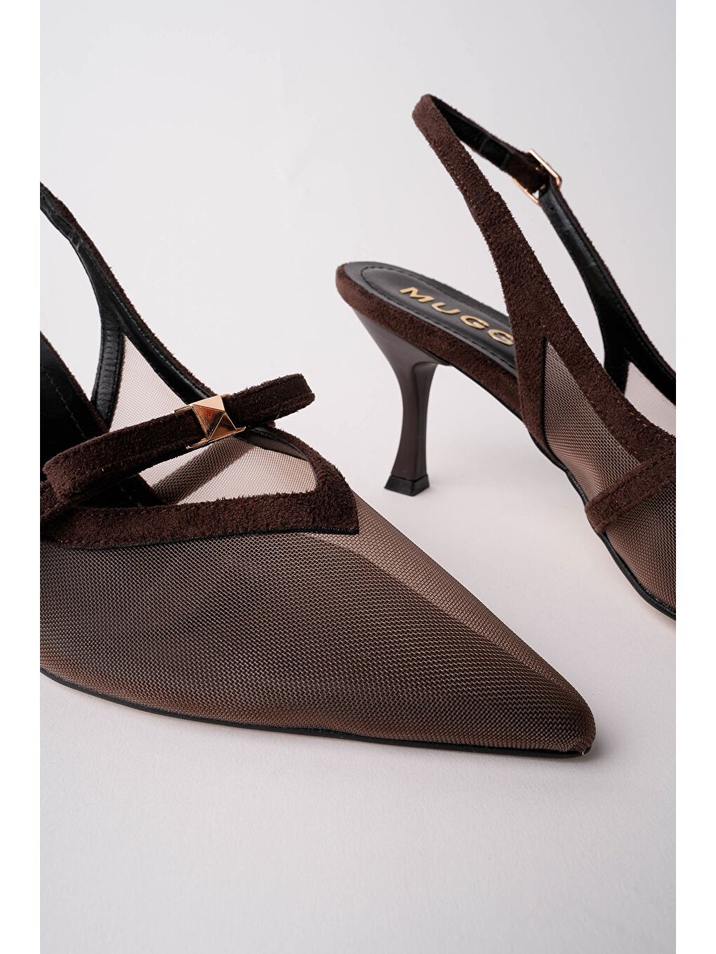 Kahverengi LOVER Fileli Fiyonk Detaylı Sivri Burun Arkası Açık Kadın Topuklu Ayakkabı-4