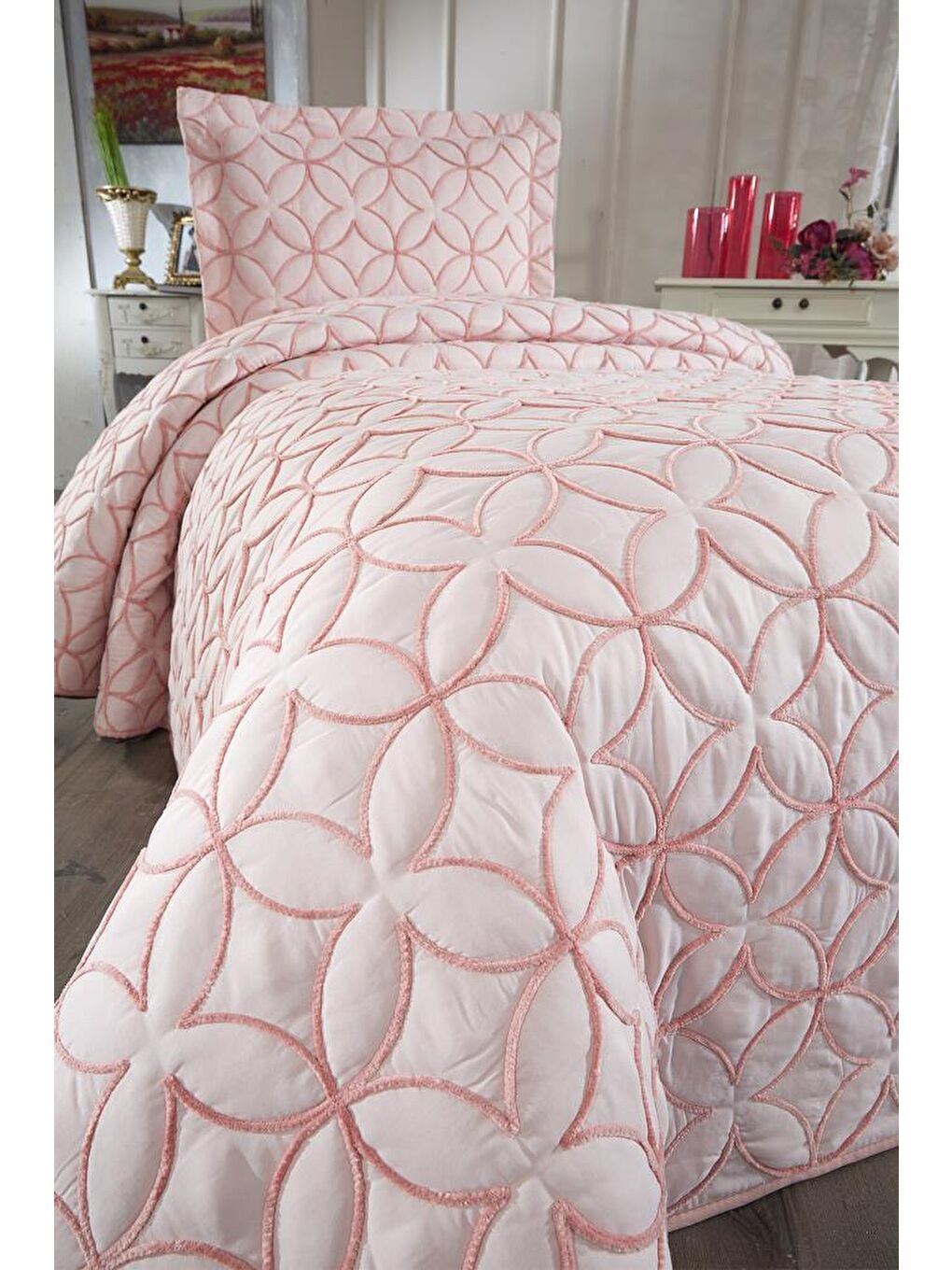 Pembe Parolin Tek Kişilik Kapitoneli Yatak Örtüsü Pudra-2