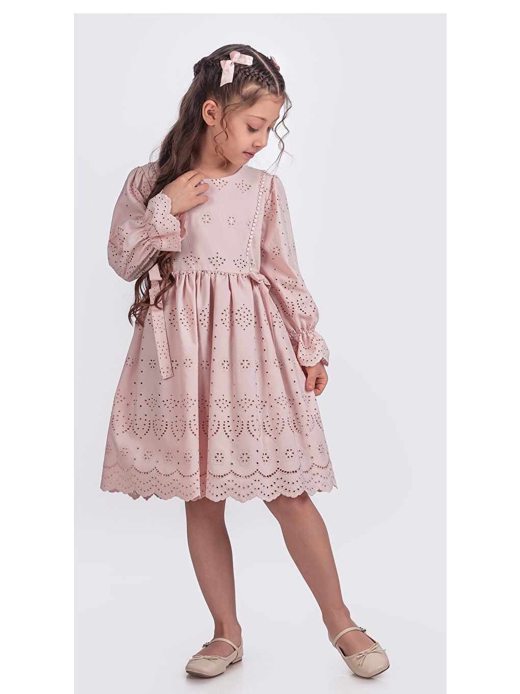 Pembe Kız Çocuk Uzun Kollu Kolları Lastikli Beli İkili Kurdele Sutaşı Detaylı  Elbise ELB.Y2685