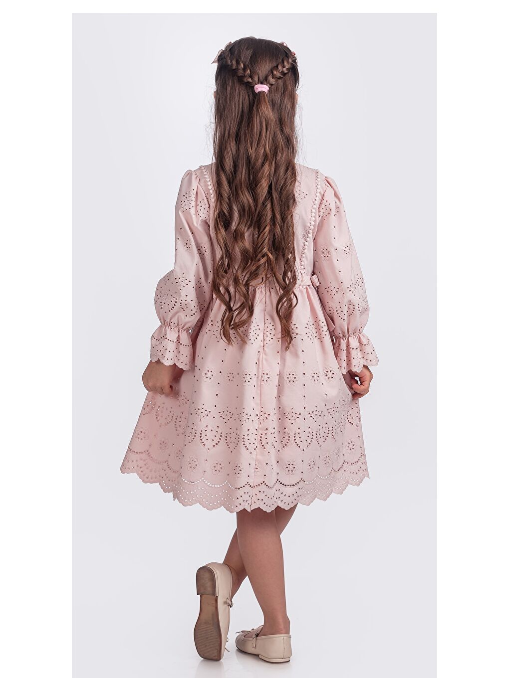 Pembe Kız Çocuk Uzun Kollu Kolları Lastikli Beli İkili Kurdele Sutaşı Detaylı  Elbise ELB.Y2685-1