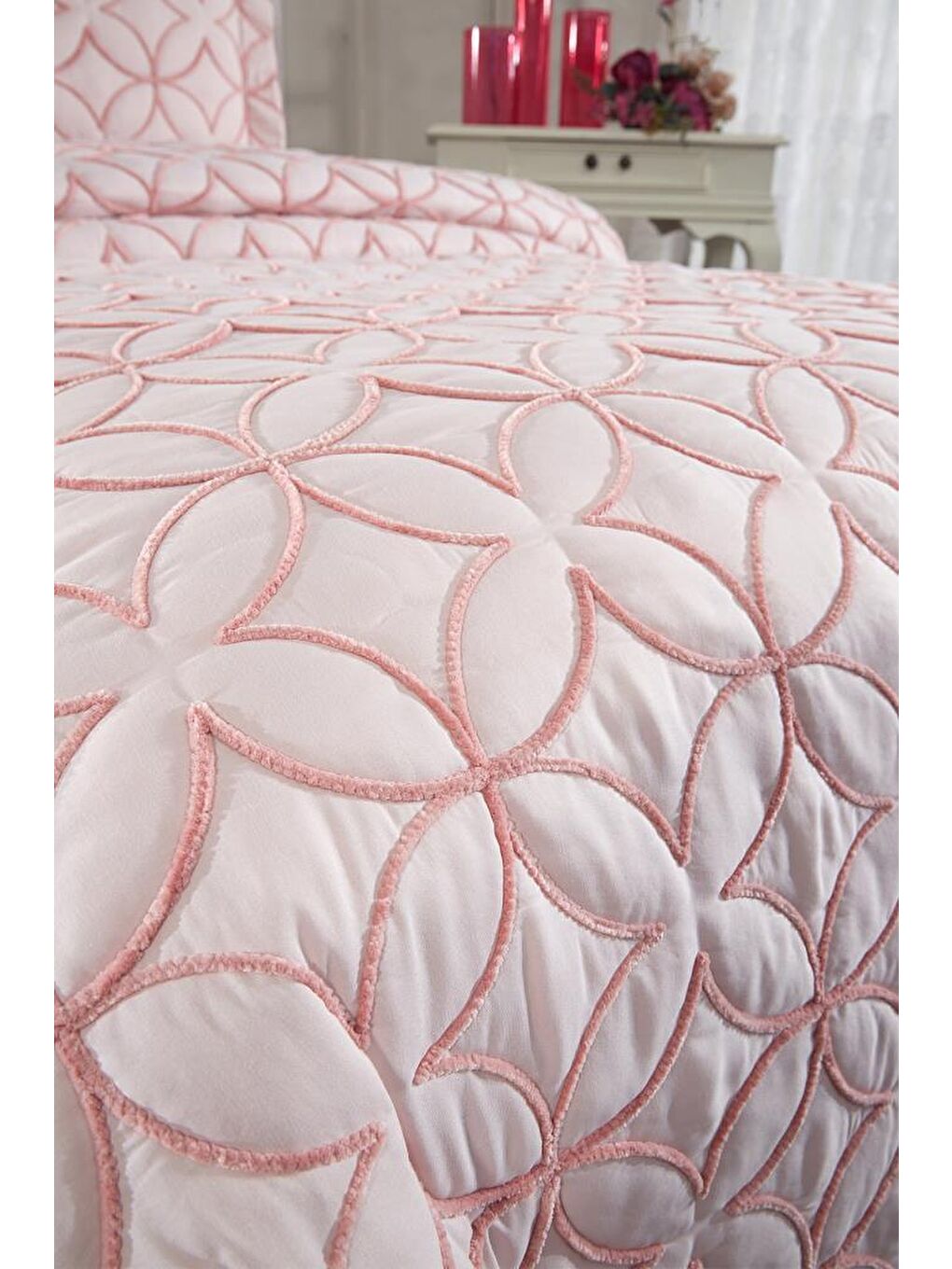Pembe Parolin Tek Kişilik Kapitoneli Yatak Örtüsü Pudra-4