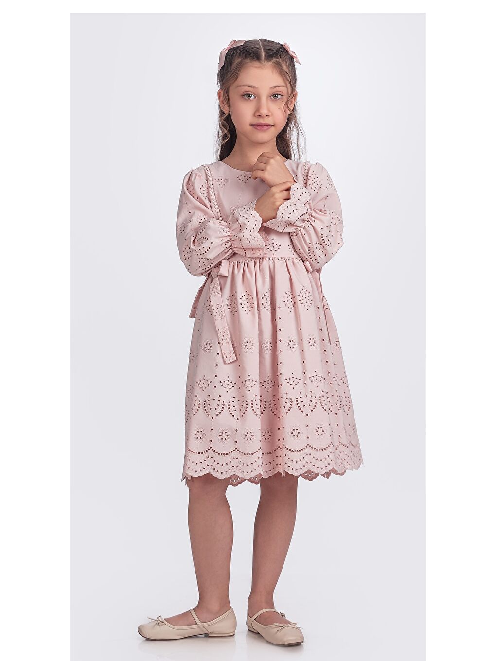 Pembe Kız Çocuk Uzun Kollu Kolları Lastikli Beli İkili Kurdele Sutaşı Detaylı  Elbise ELB.Y2685-3