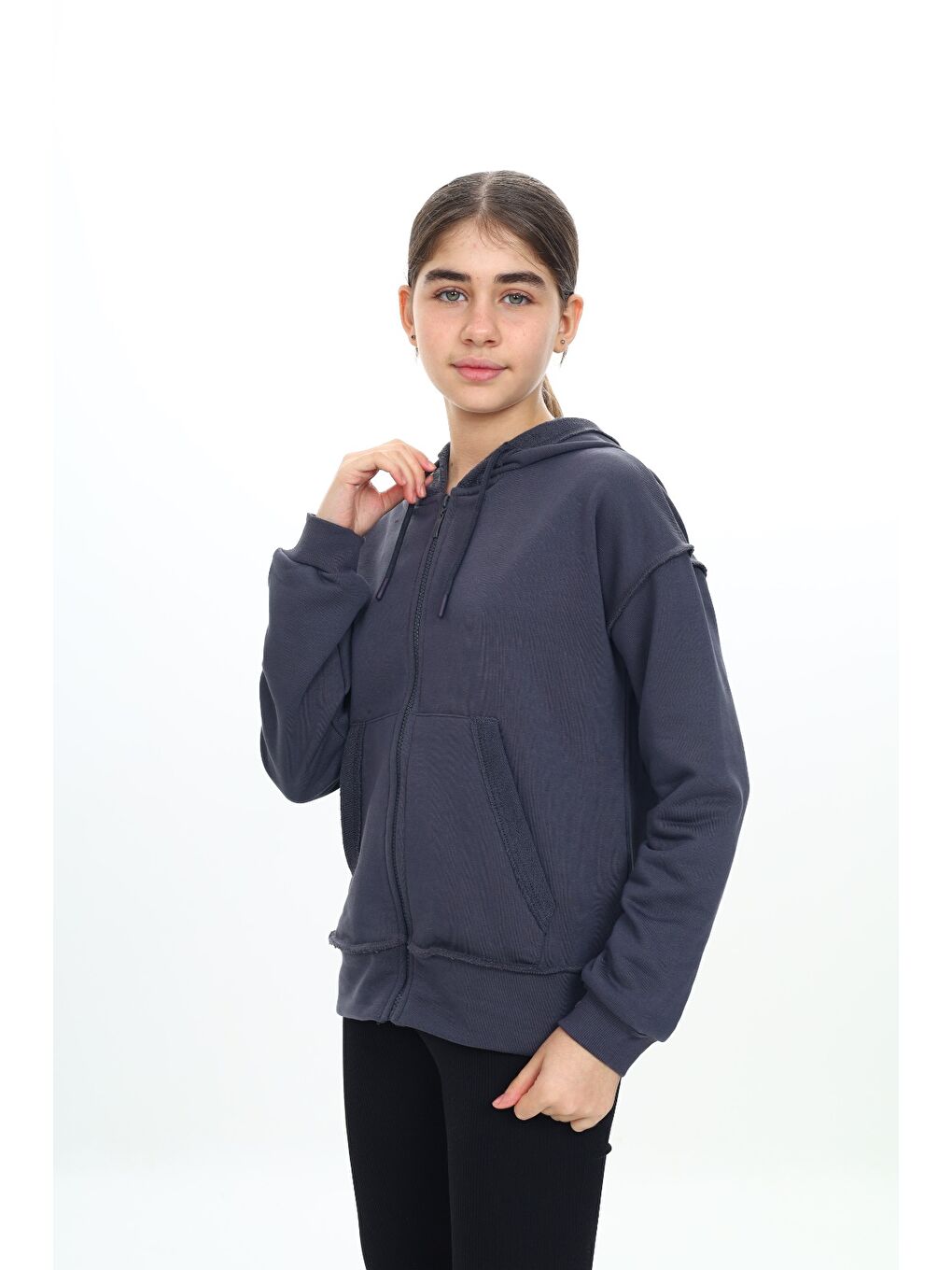 Gri Kız Çocuk Kapüşonlu Hırka-1