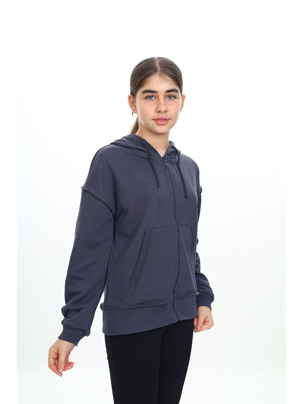 Gri Kız Çocuk Kapüşonlu Hırka-3