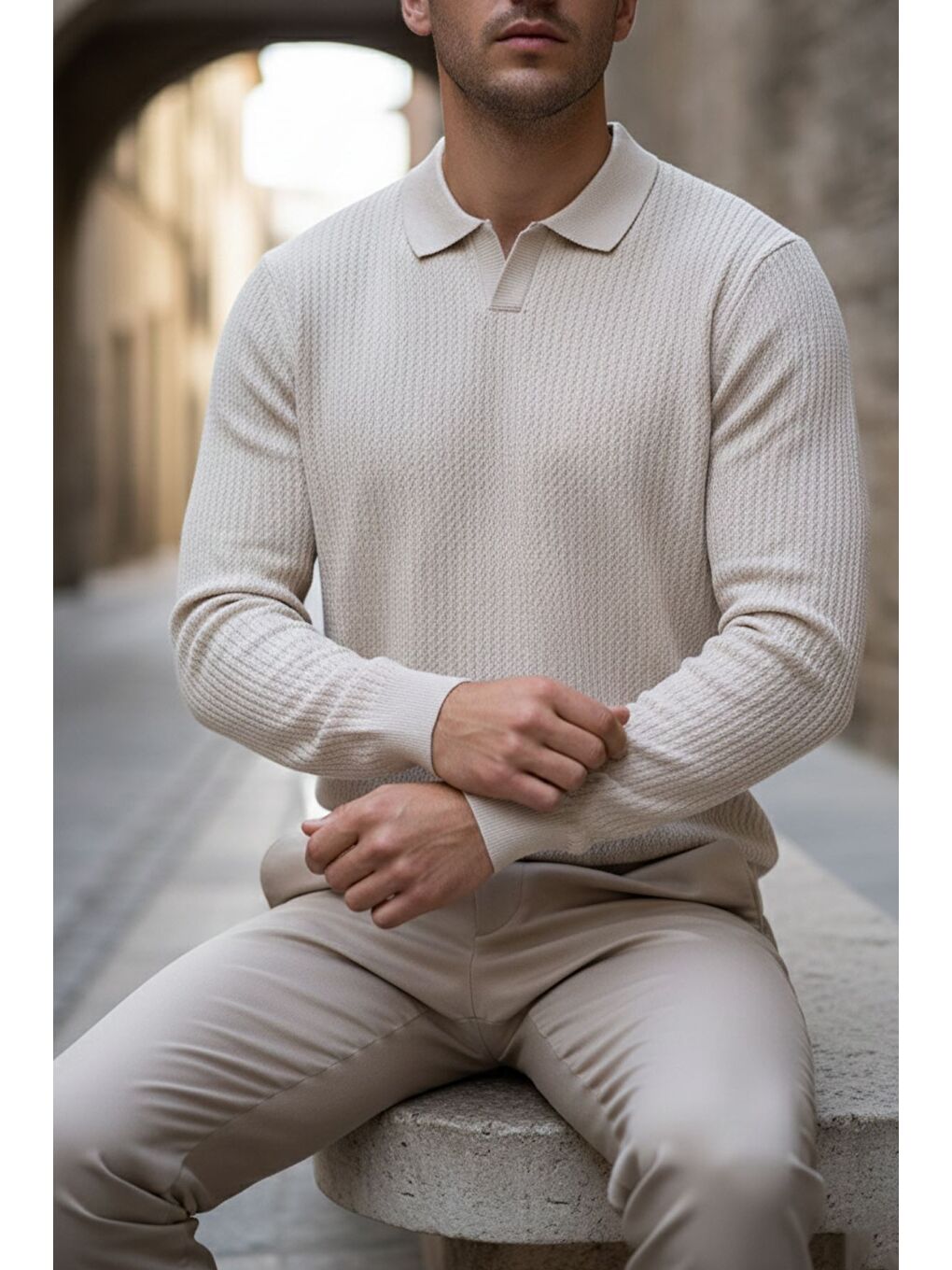 Bej Erkek Polo Yaka Elastanlı Triko Kazak