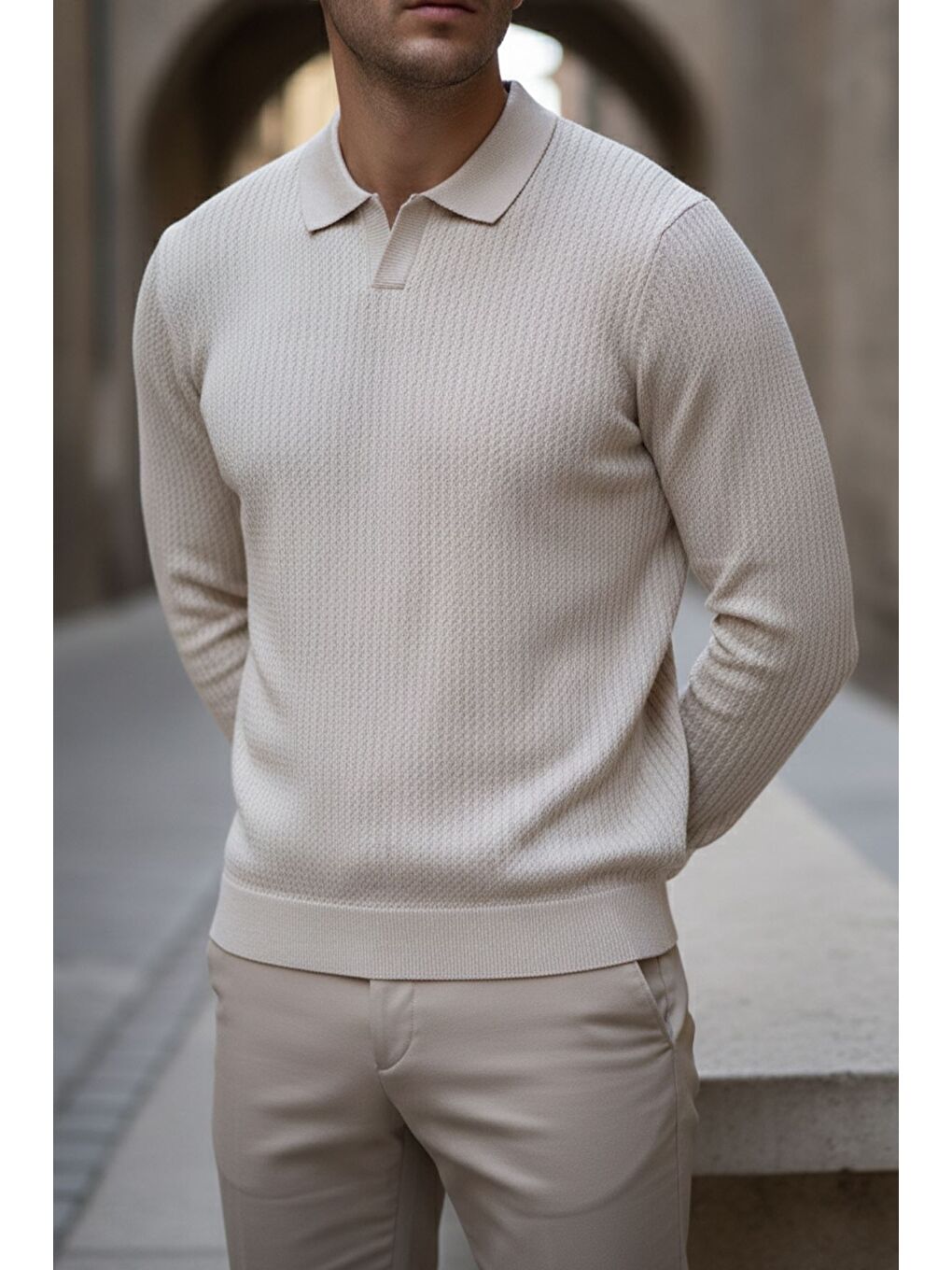 Bej Erkek Polo Yaka Elastanlı Triko Kazak-1