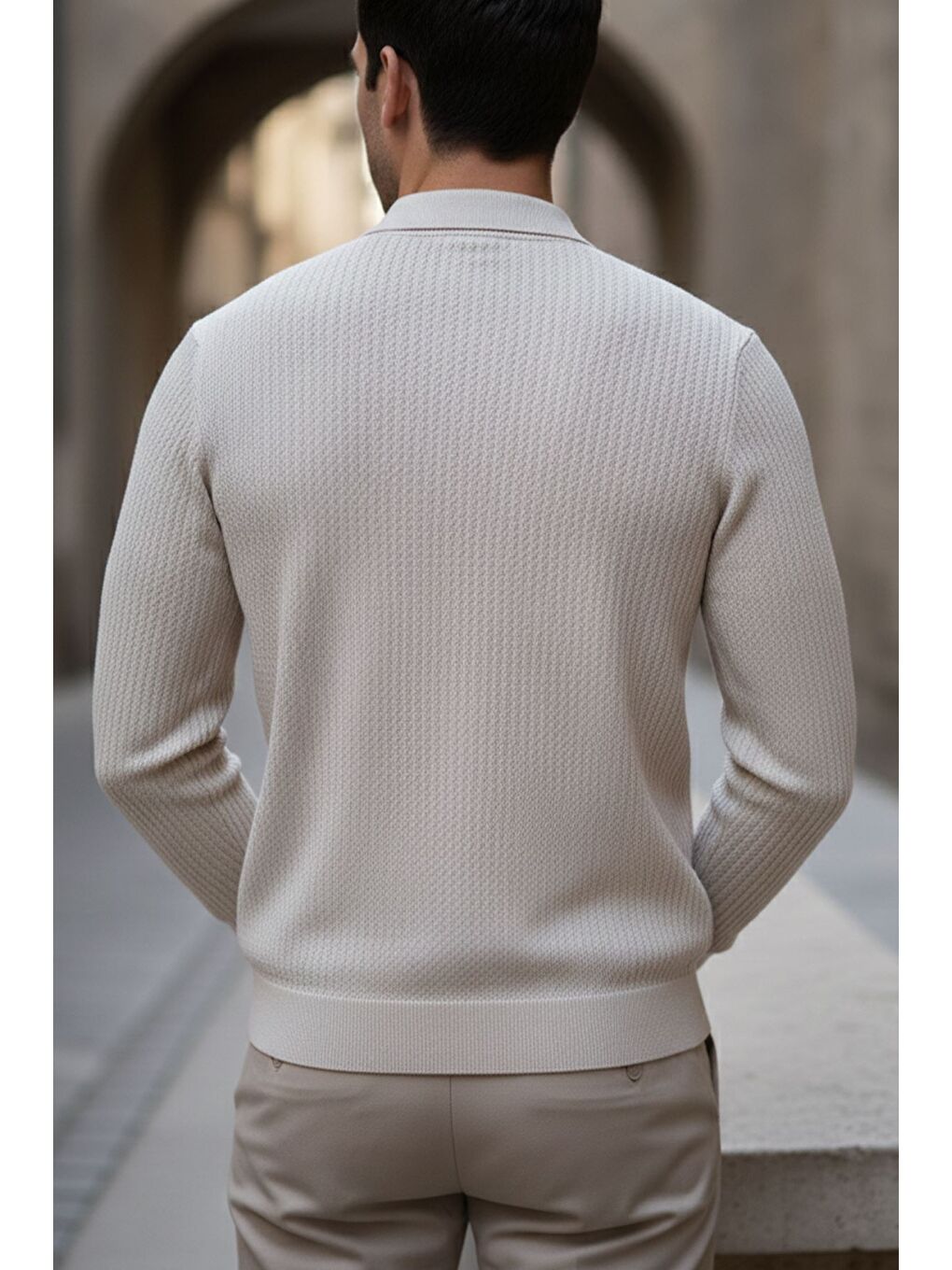 Bej Erkek Polo Yaka Elastanlı Triko Kazak-2