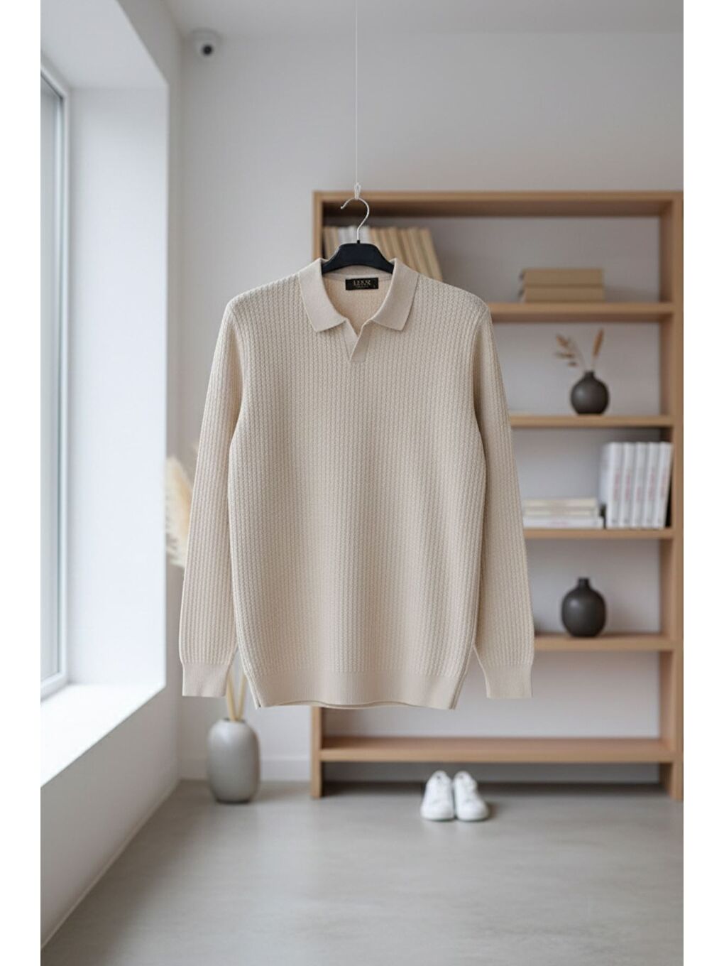 Bej Erkek Polo Yaka Elastanlı Triko Kazak-3