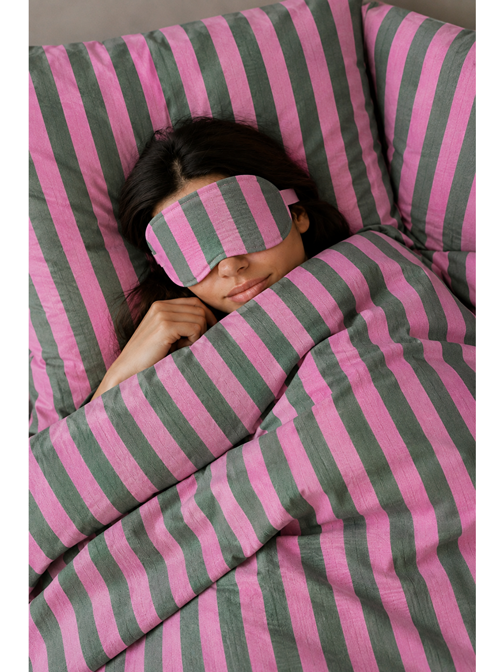 Pembe Yeşil Çizgili Çift Kişilik Nevresim Seti Modern Dikey Şerit Desenli Yorgan Kılıfı-1
