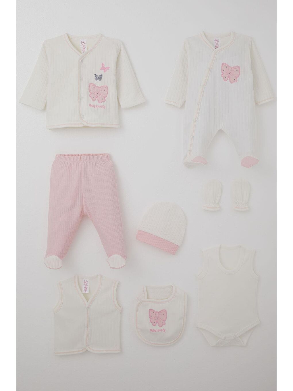 Kız Bebek Hastane Çıkışı 8 Li Fiyonk & Kelebek Nakışlı Ekru (0-3 Ay)