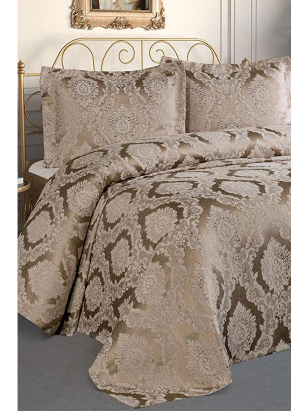 Kahverengi Şulem Jakarlı Şönil Tek Kişilik 2 Parça Yatak Örtüsü Cappucino-1