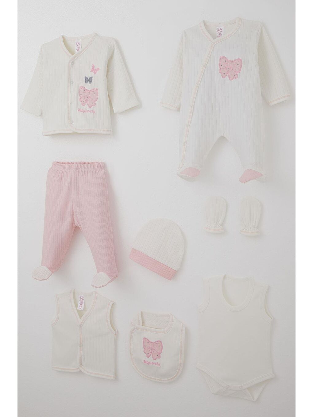 Kız Bebek Hastane Çıkışı 8 Li Fiyonk & Kelebek Nakışlı Ekru (0-3 Ay)-1