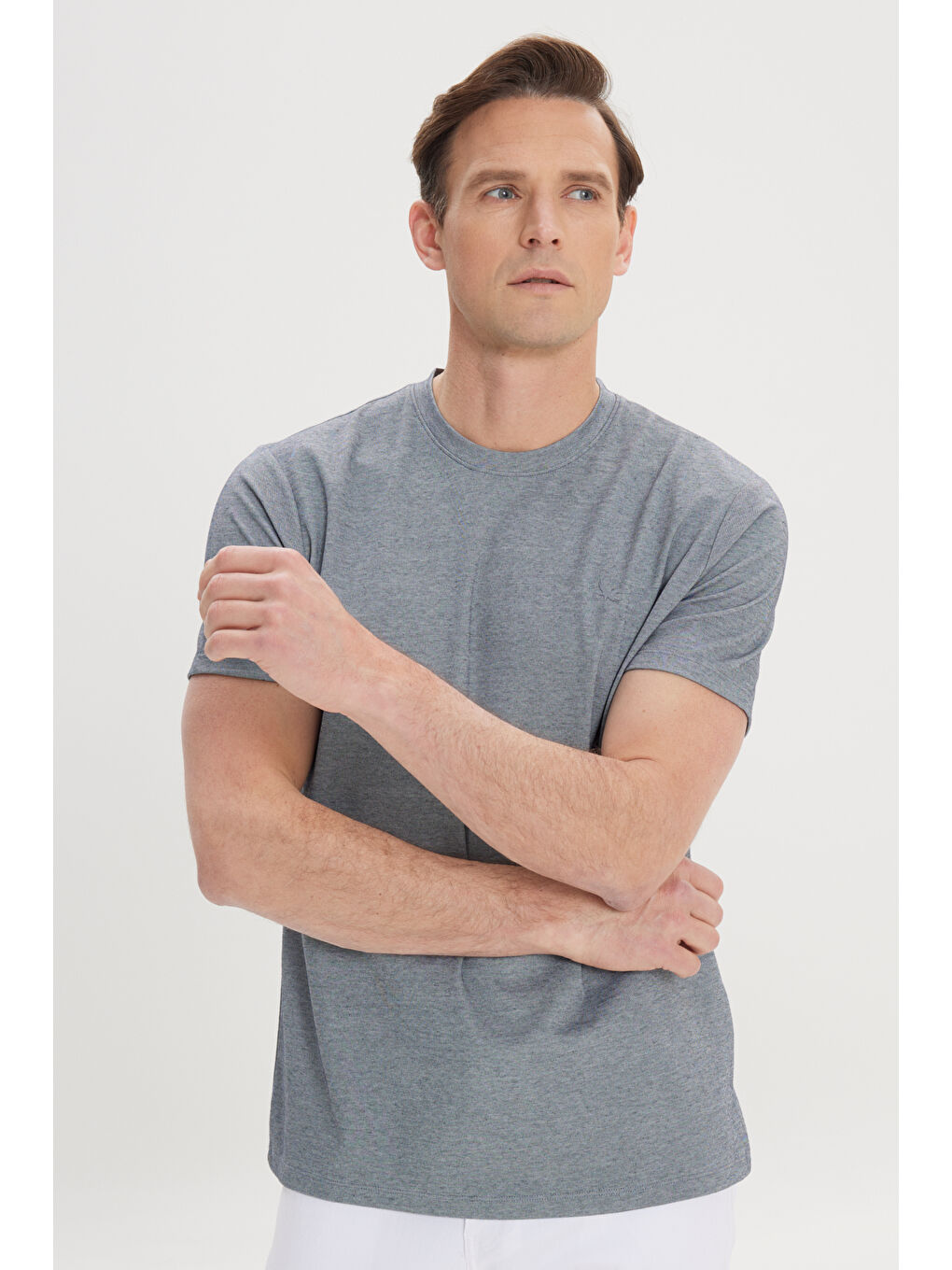 Erkek Mavi Slim Fit Dar Kesim Bisiklet Yaka Pamuklu Tişört-2