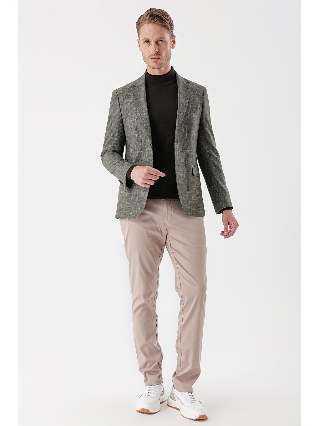 Koyu Haki Desenli Armürlü Mono Yaka Çift Yırtmaç 6 Drop Slim Fit Dar Kesim Klasik Ceket 1002235133-1