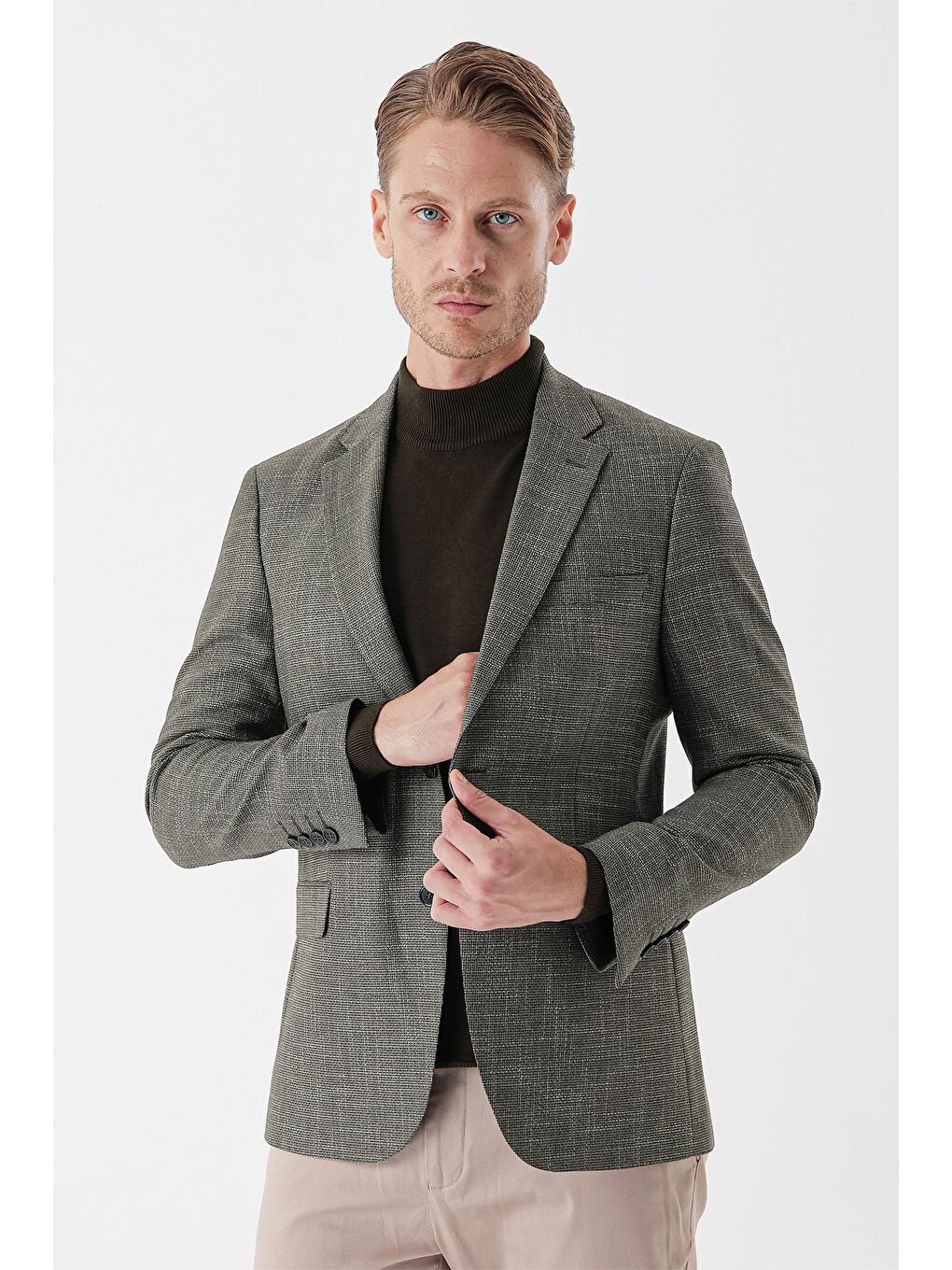Koyu Haki Desenli Armürlü Mono Yaka Çift Yırtmaç 6 Drop Slim Fit Dar Kesim Klasik Ceket 1002235133-2