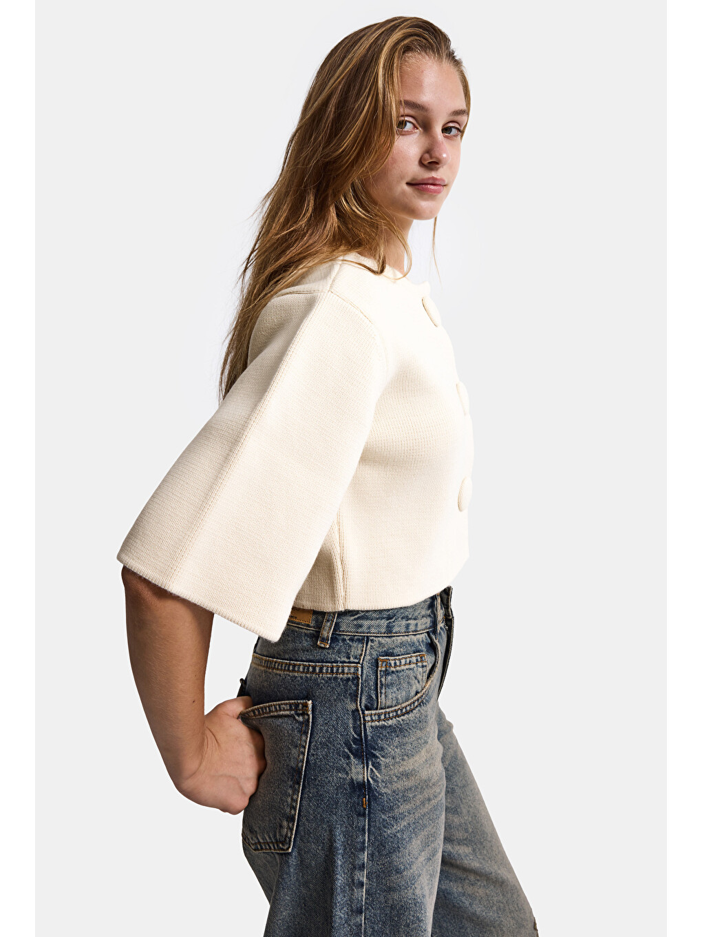 Bej Kadın Taş Rengi W6-105 Büyük Düğmeli Kemer Boy Crop Cardigan Tasarım Triko Hırka-2