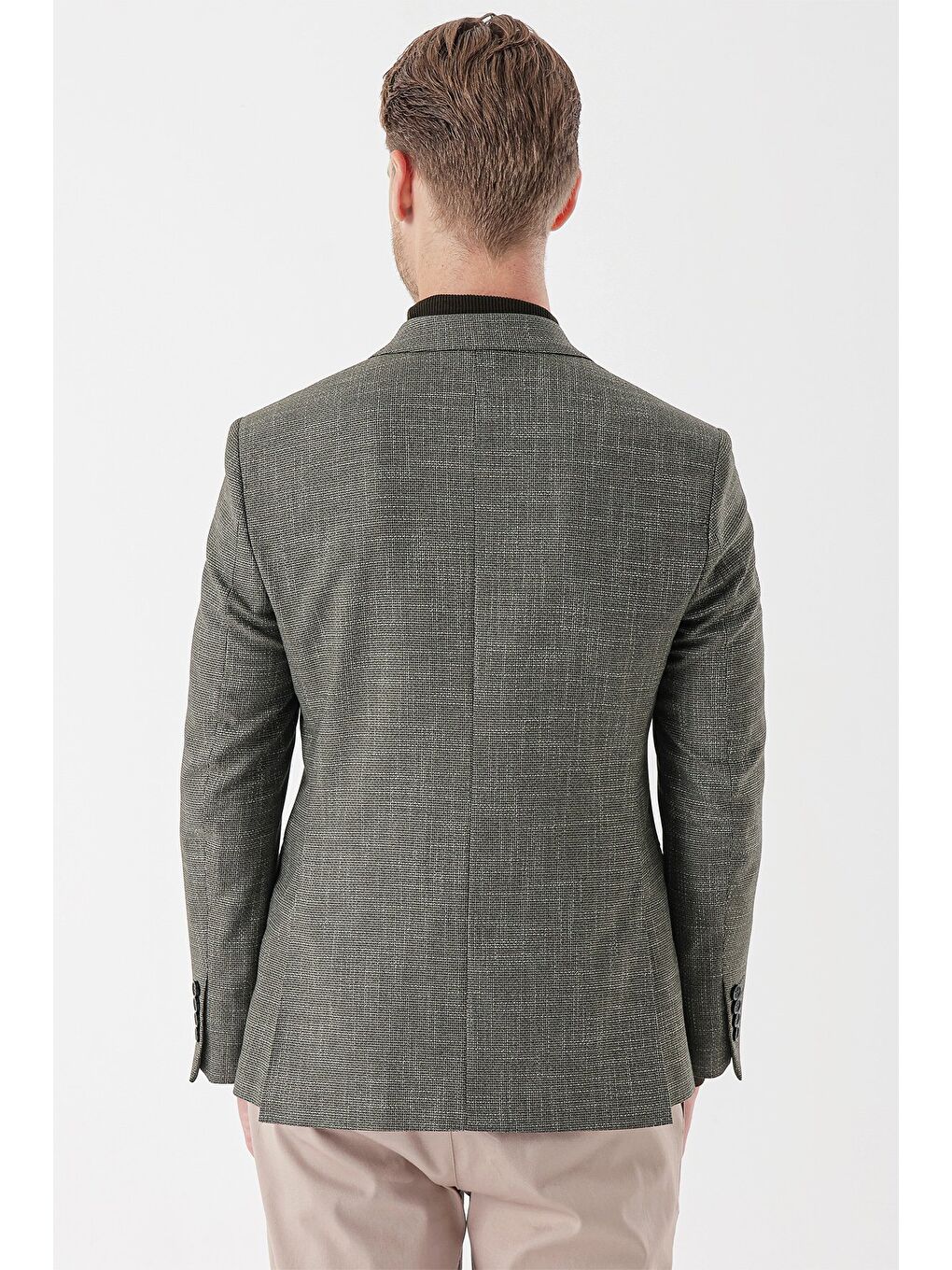 Koyu Haki Desenli Armürlü Mono Yaka Çift Yırtmaç 6 Drop Slim Fit Dar Kesim Klasik Ceket 1002235133-5