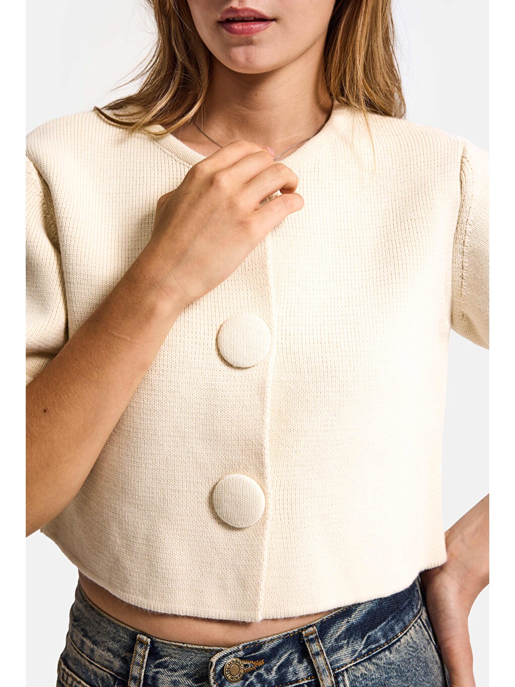 Bej Kadın Taş Rengi W6-105 Büyük Düğmeli Kemer Boy Crop Cardigan Tasarım Triko Hırka-4