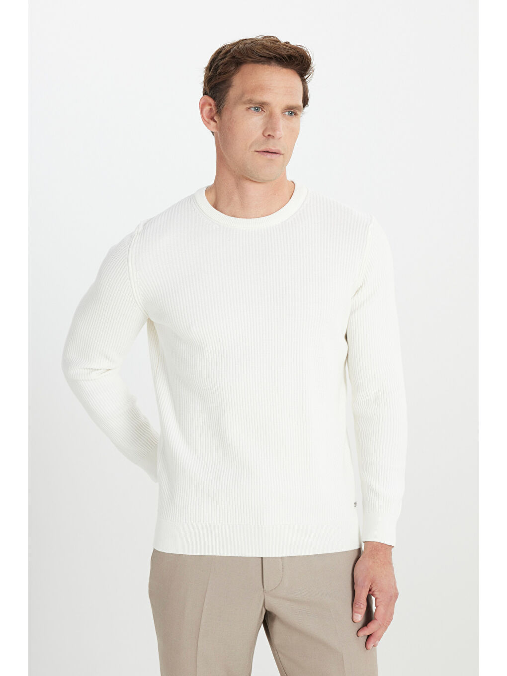 Erkek Ekru %100 Pamuk Standart Fit Normal Kesim Bisiklet Yaka Selanik Örgü Triko Kazak