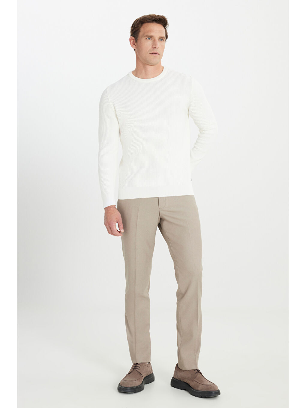 Erkek Ekru %100 Pamuk Standart Fit Normal Kesim Bisiklet Yaka Selanik Örgü Triko Kazak-1