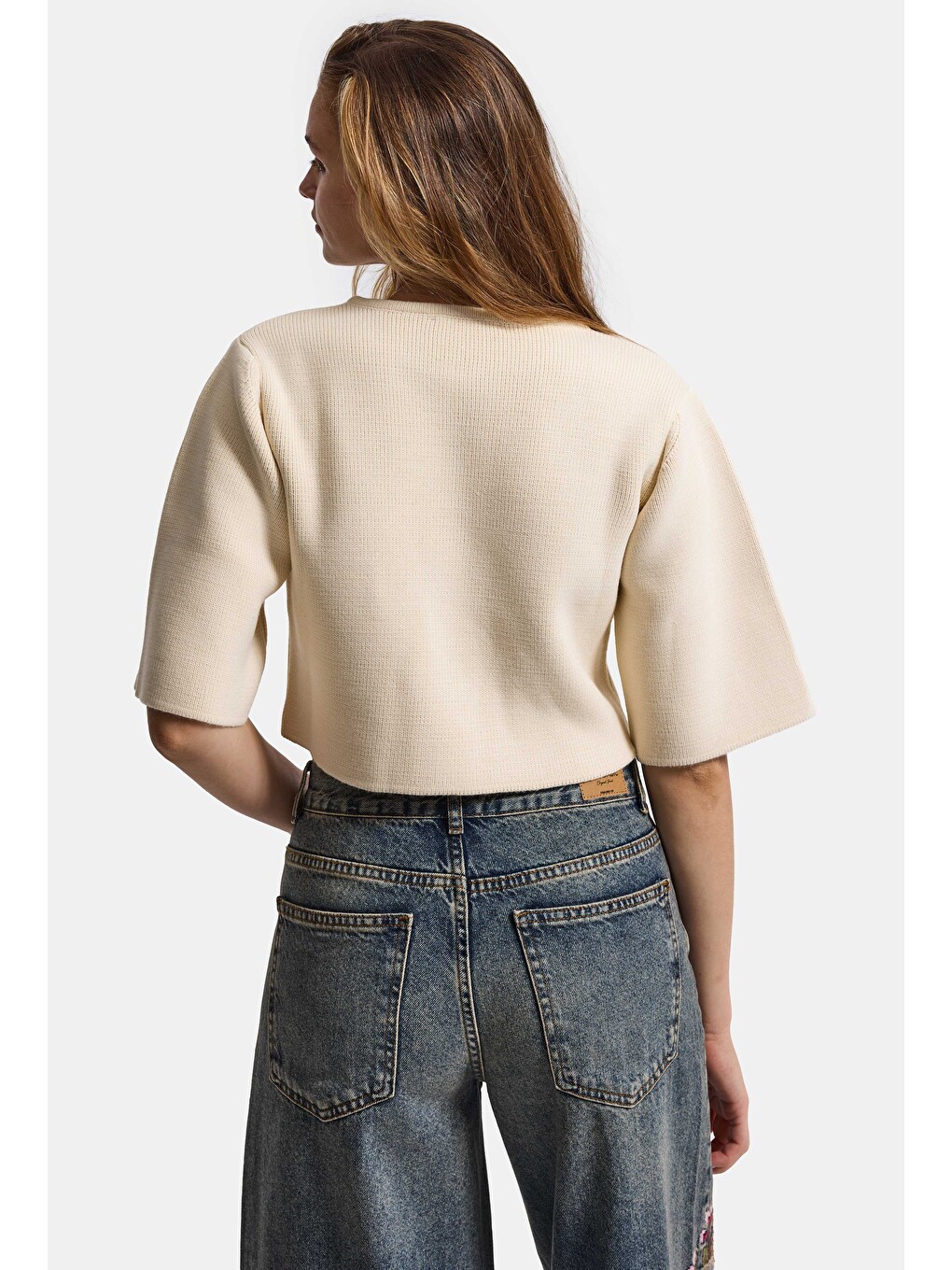 Bej Kadın Taş Rengi W6-105 Büyük Düğmeli Kemer Boy Crop Cardigan Tasarım Triko Hırka-6