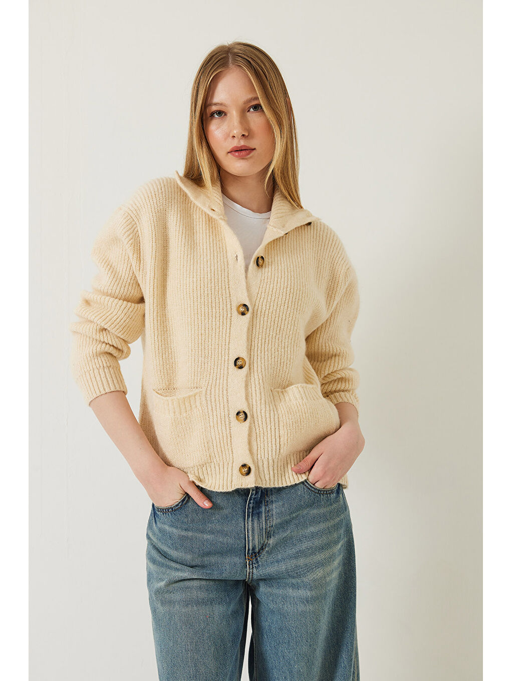 Ekru Kadın Selanik Örgü Cepli Triko Hırka-1