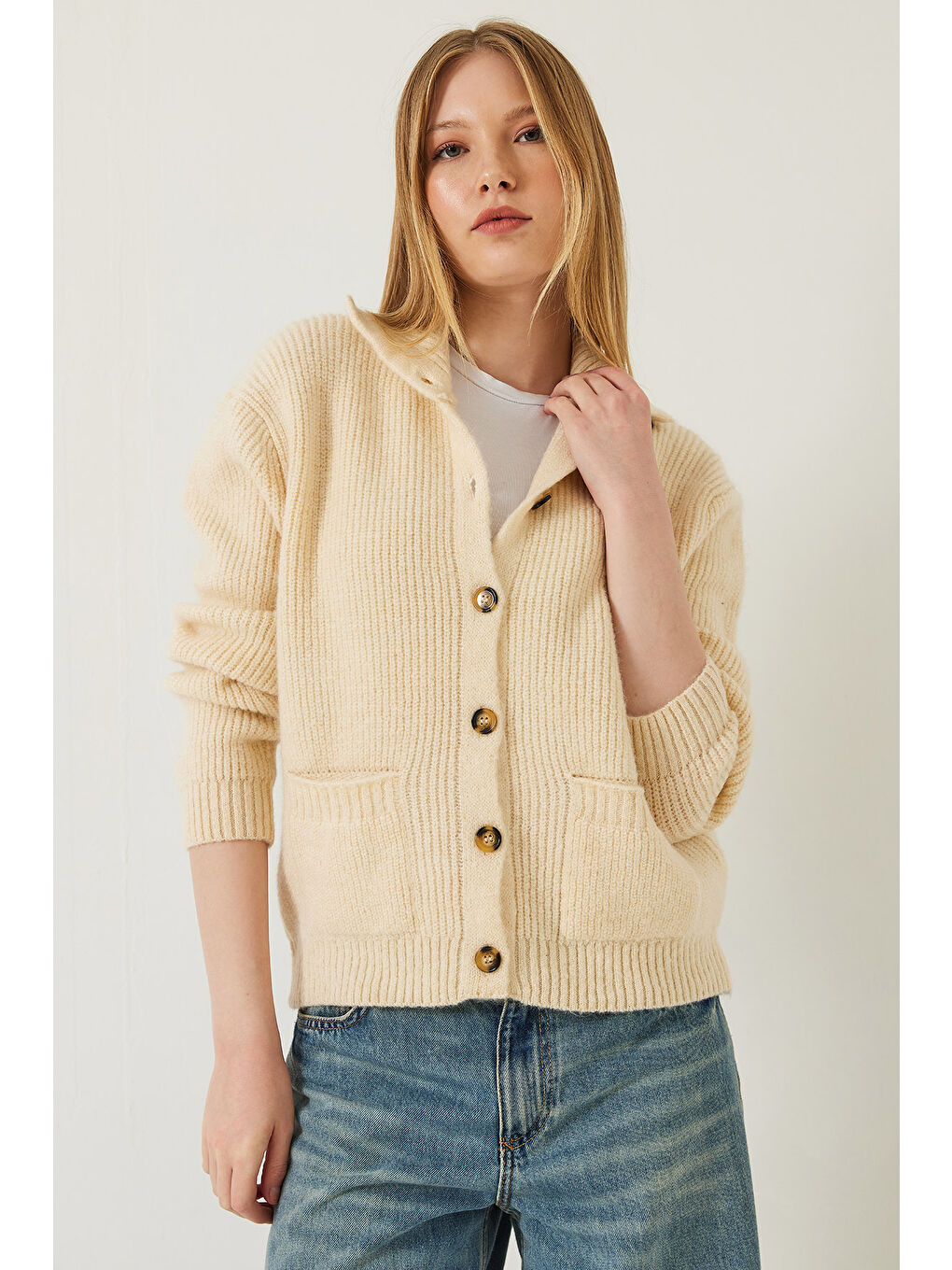 Ekru Kadın Selanik Örgü Cepli Triko Hırka-2