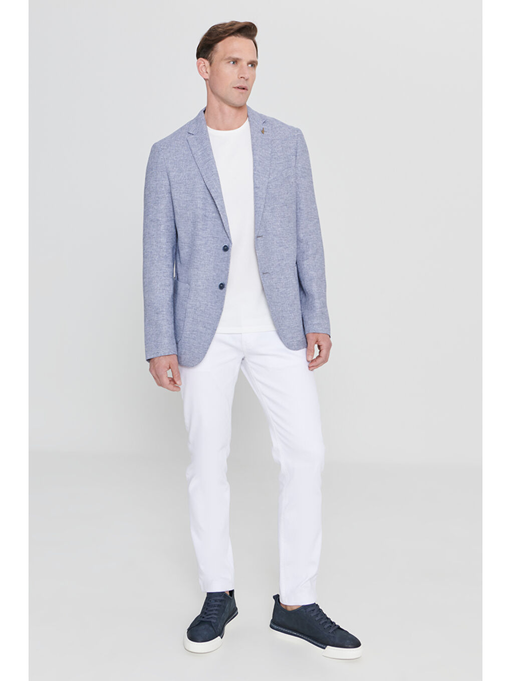 Erkek Lacivert Slim Fit Dar Kesim Desenli Mono Yaka Keten Torba Cepli Blazer Ceket-1