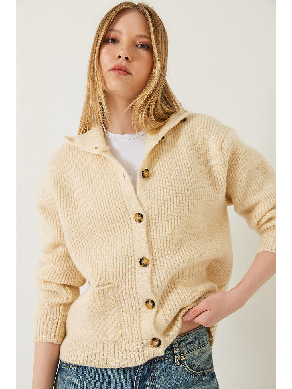 Ekru Kadın Selanik Örgü Cepli Triko Hırka-3