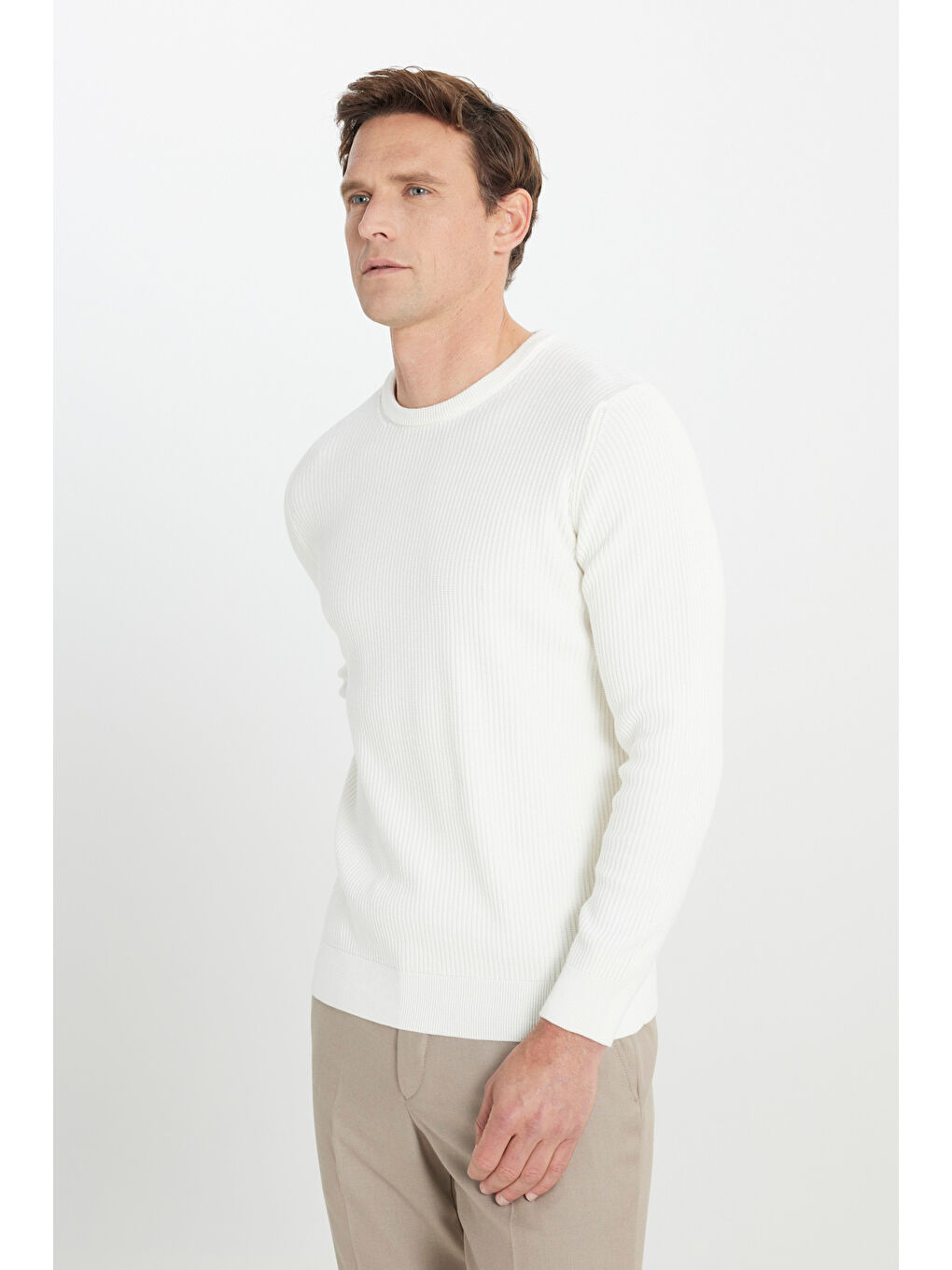 Erkek Ekru %100 Pamuk Standart Fit Normal Kesim Bisiklet Yaka Selanik Örgü Triko Kazak-2