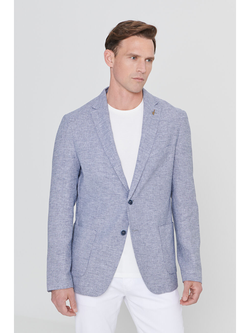 Erkek Lacivert Slim Fit Dar Kesim Desenli Mono Yaka Keten Torba Cepli Blazer Ceket-2