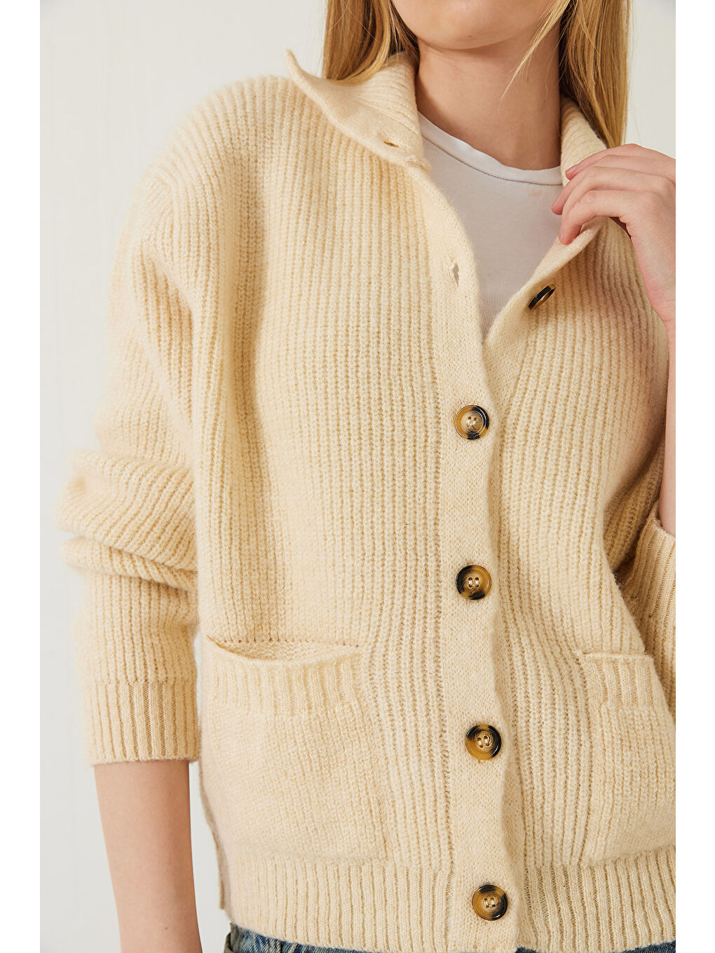 Ekru Kadın Selanik Örgü Cepli Triko Hırka-4