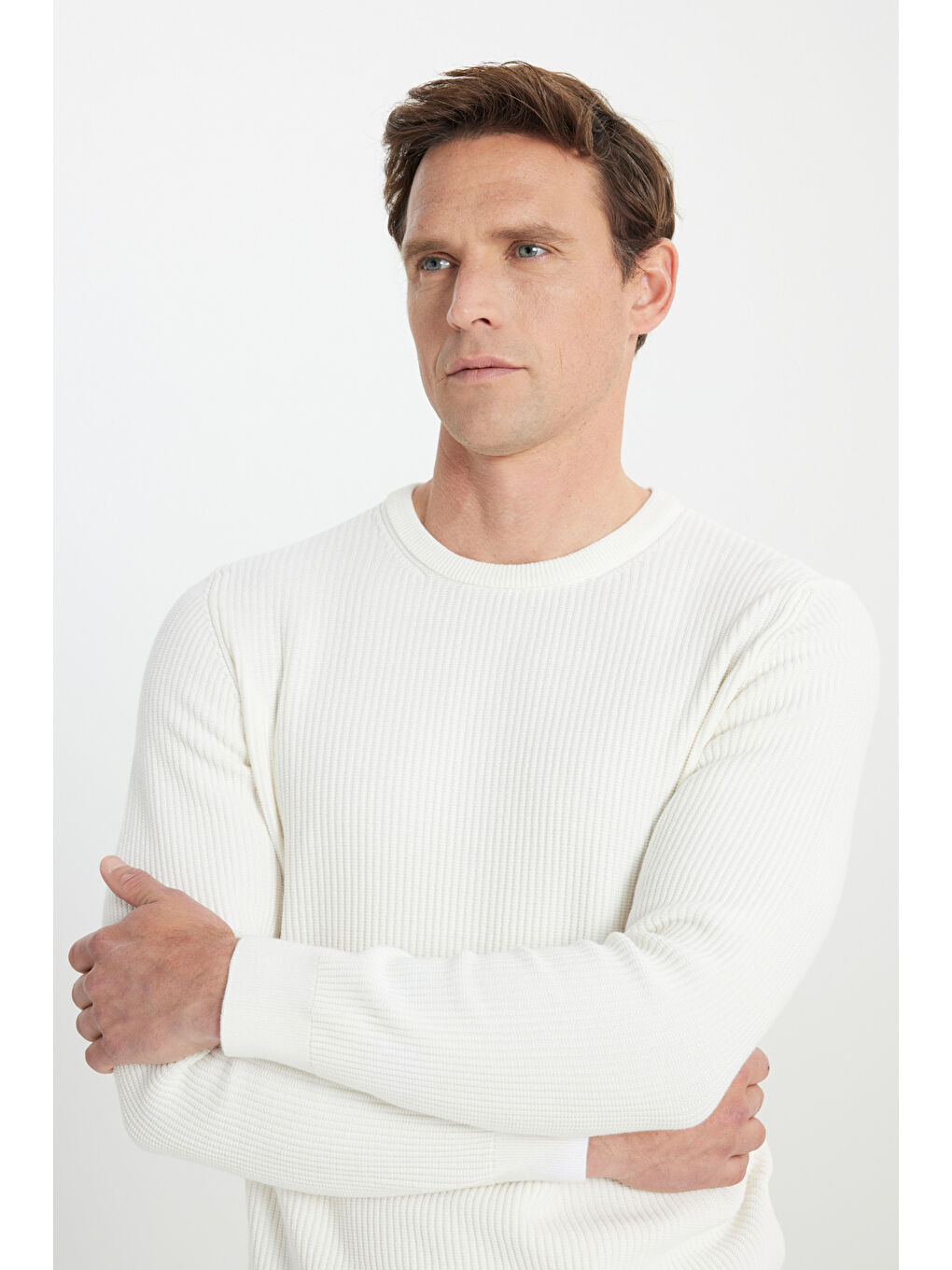 Erkek Ekru %100 Pamuk Standart Fit Normal Kesim Bisiklet Yaka Selanik Örgü Triko Kazak-3