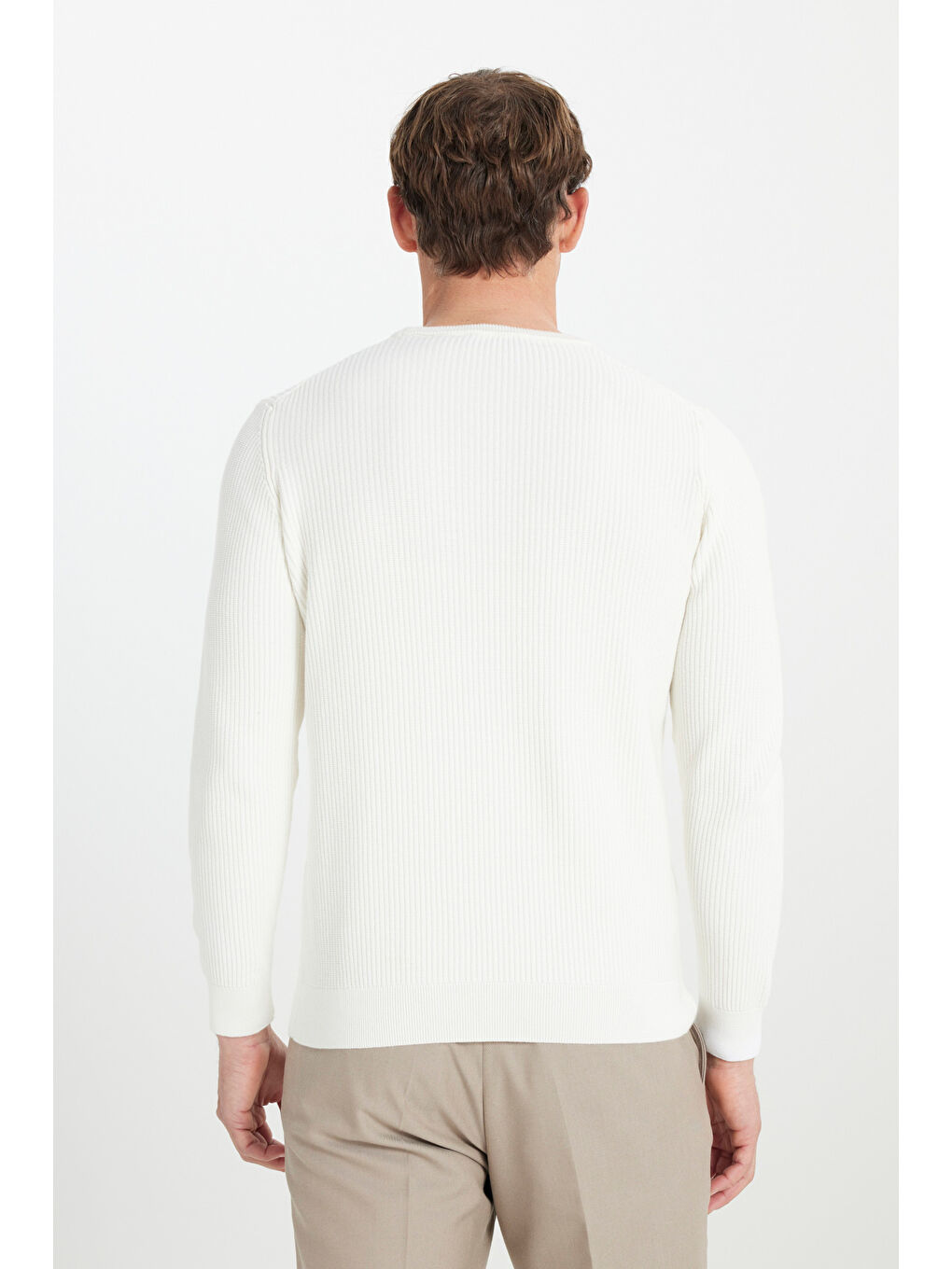 Erkek Ekru %100 Pamuk Standart Fit Normal Kesim Bisiklet Yaka Selanik Örgü Triko Kazak-4