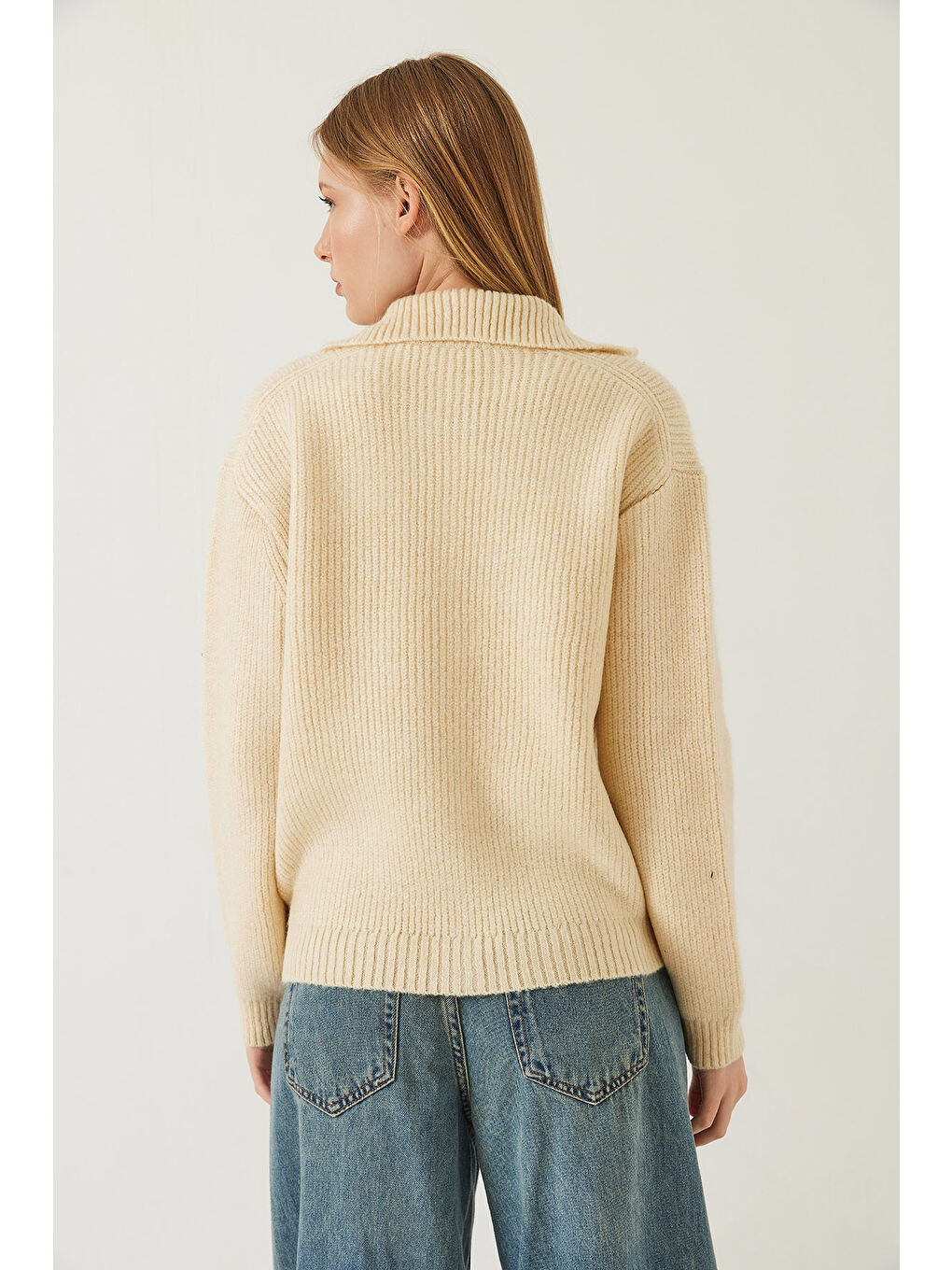 Ekru Kadın Selanik Örgü Cepli Triko Hırka-5