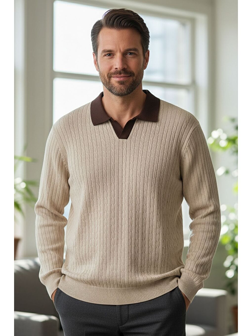 Bej Erkek Polo Yaka Kendinden Desenli Triko Kazak