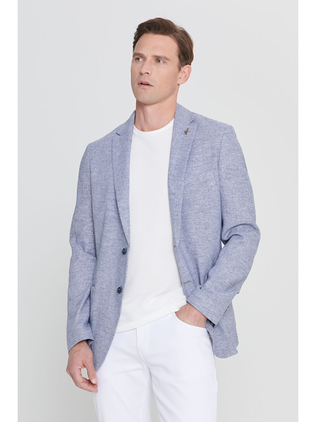 Erkek Lacivert Slim Fit Dar Kesim Desenli Mono Yaka Keten Torba Cepli Blazer Ceket-3