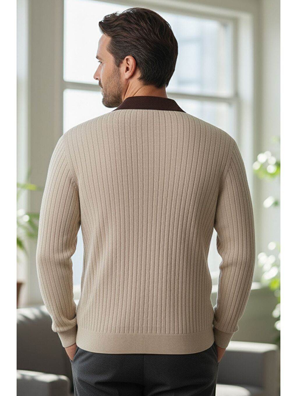 Bej Erkek Polo Yaka Kendinden Desenli Triko Kazak-1