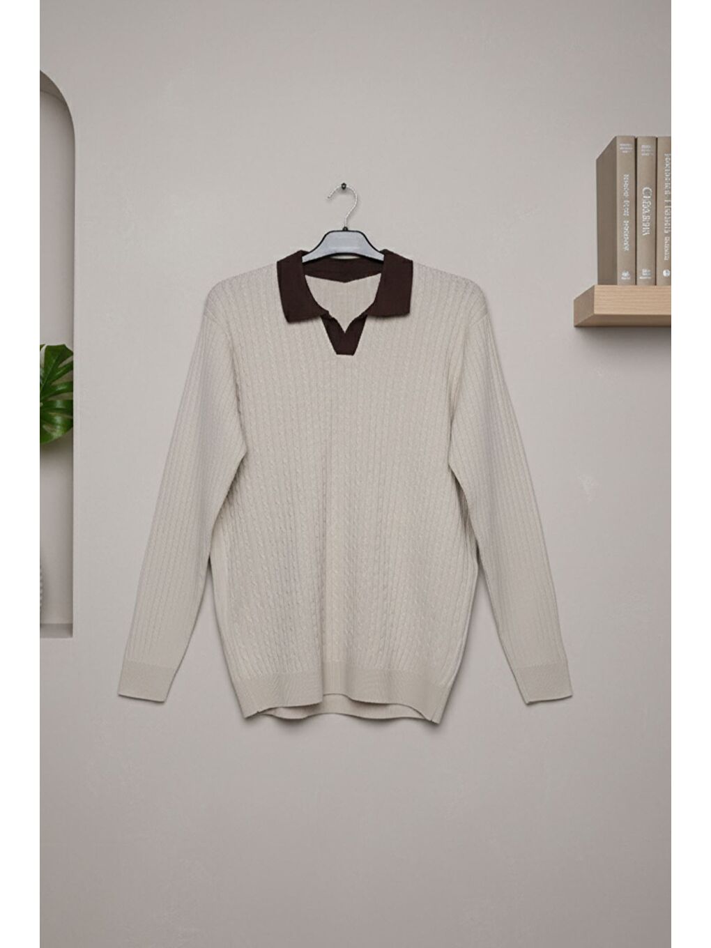 Bej Erkek Polo Yaka Kendinden Desenli Triko Kazak-2