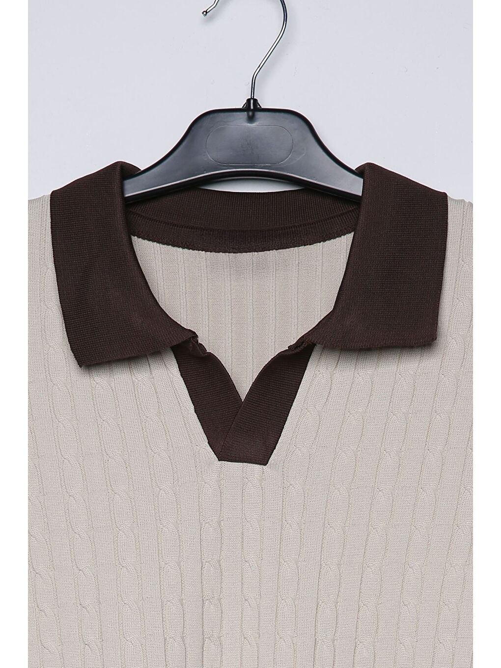 Bej Erkek Polo Yaka Kendinden Desenli Triko Kazak-3