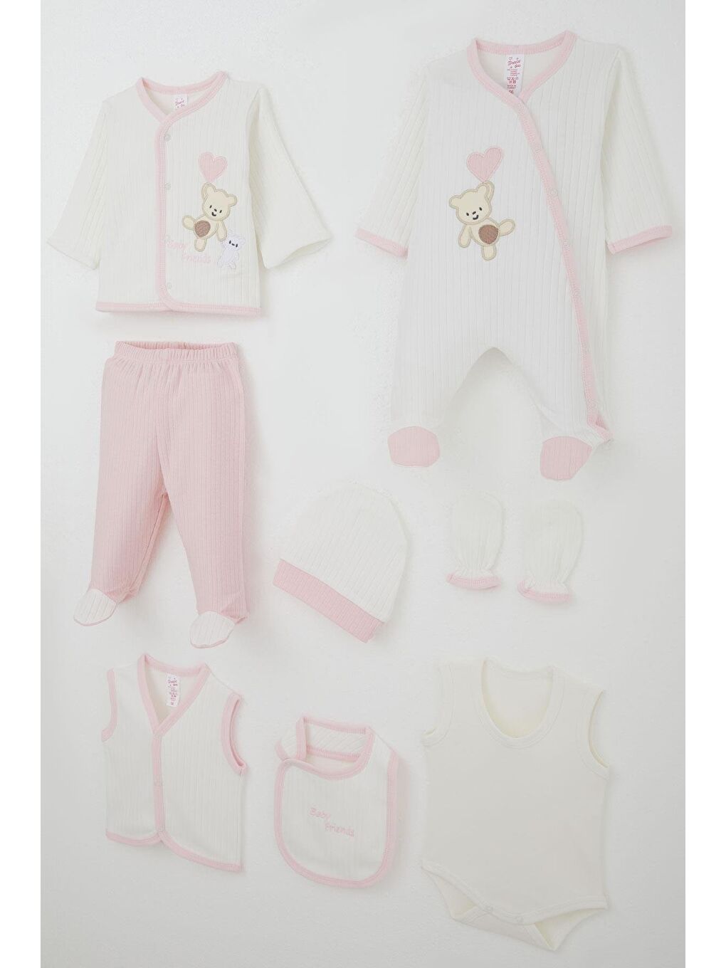 Kız Bebek Hastane Çıkışı 8 Li Bebek Ayıcık Nakışlı Kalpli Beyaz (0-3 Ay)-1