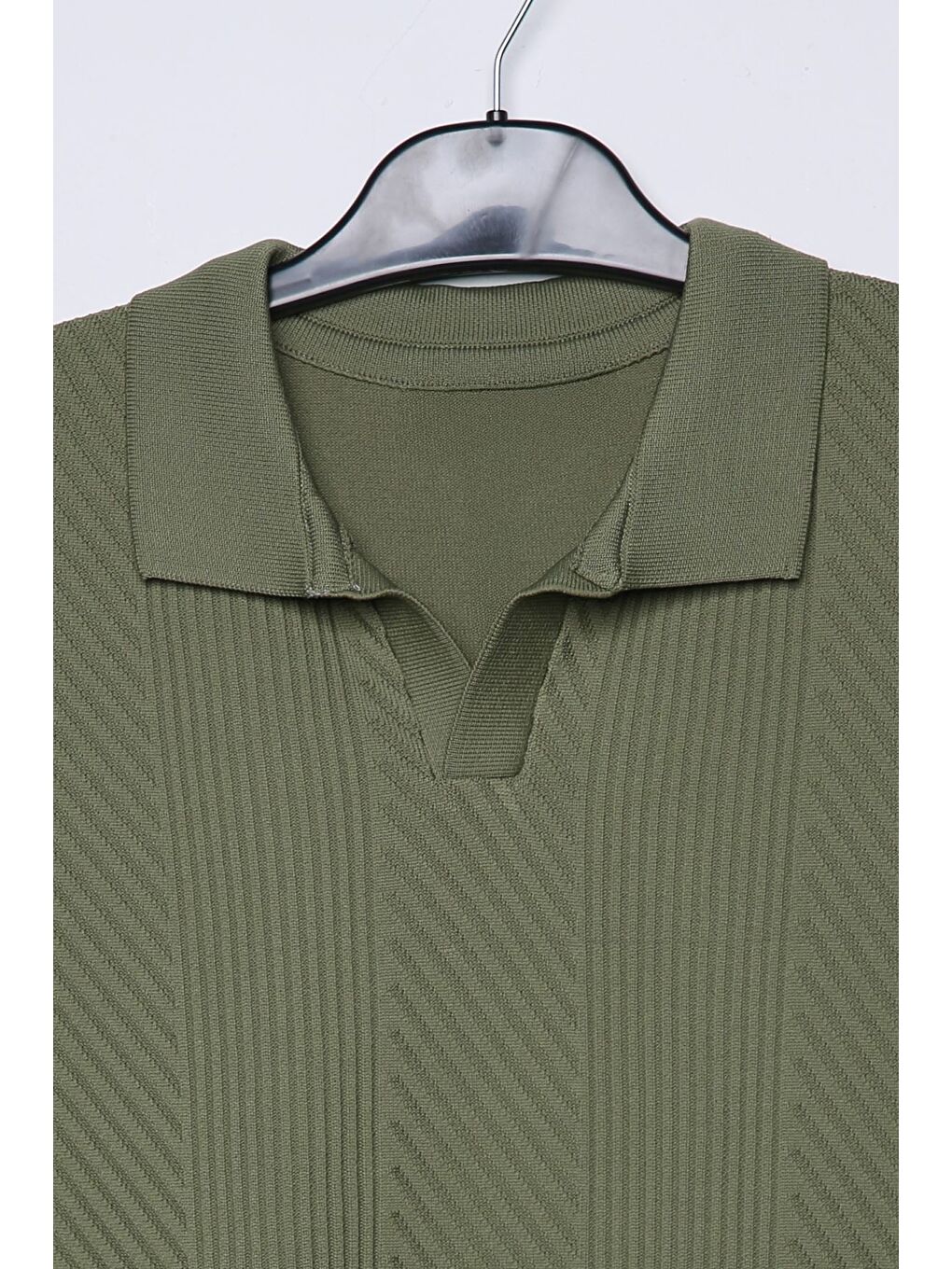 Haki Erkek Polo Yaka Kendinden Desenli Triko Kazak-3